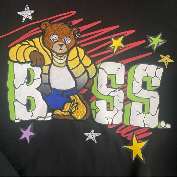 90s, Y2K, Streetwear Boss Bear Embroidered Pullover Crew Neck Sweater Black SZ S - Picture 4 of 9